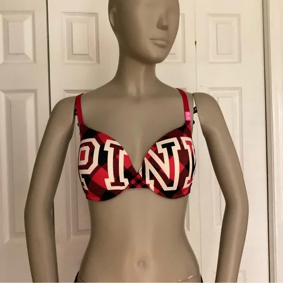 Victoria's Secret PINK Bra 34D Wear Everywhere Push-Up Plaid with Logo - Picture 3 of 16